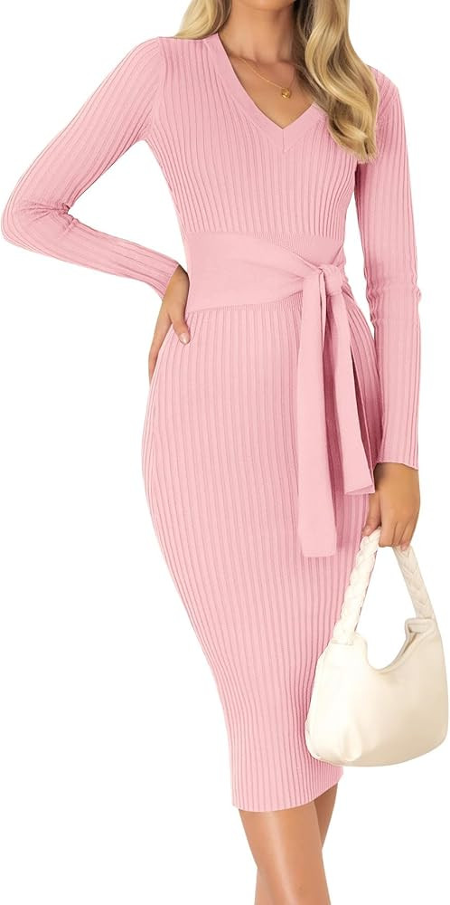 ZESICA Women's Spring Sweater Dress V Neck Long Sleeve Ribbed Knit Tie Waist Slim Fit Bodycon Mid... | Amazon (US)