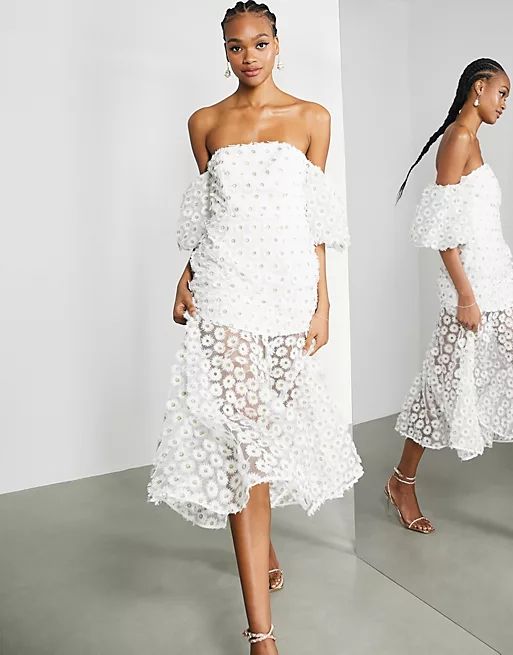 ASOS EDITION off shoulder dress in embroidered daisy in white | ASOS | ASOS (Global)