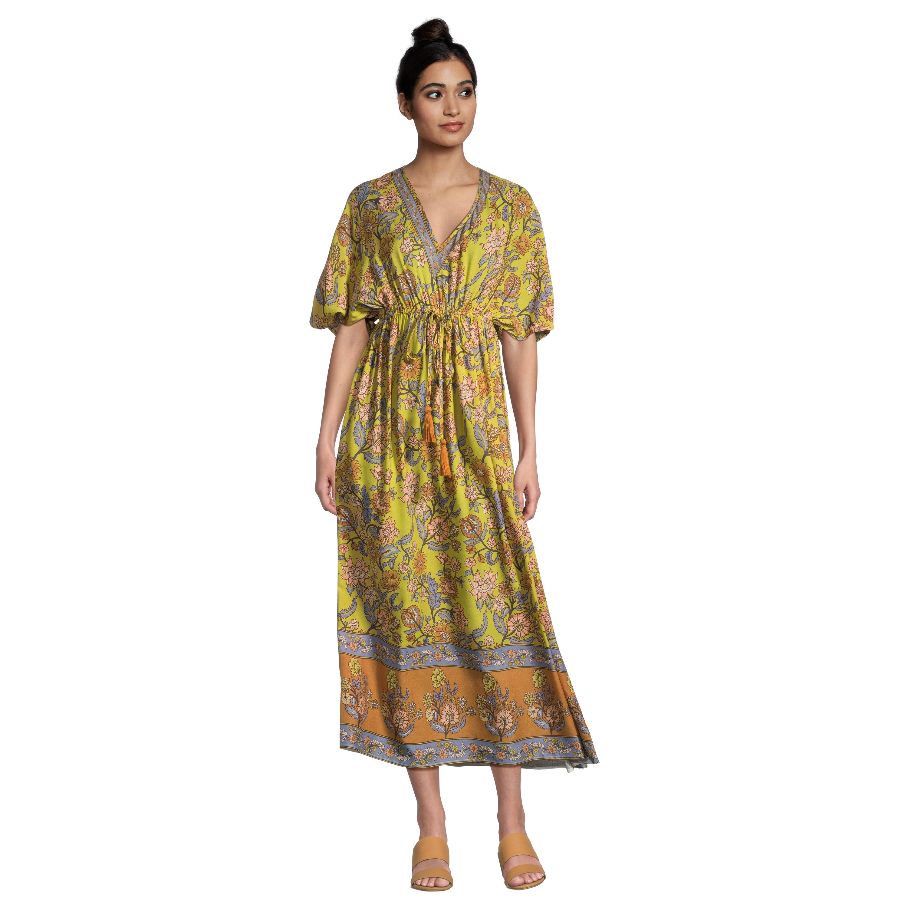 Mira Chartreuse and Periwinkle Floral Kaftan Dress with Pockets | World Market