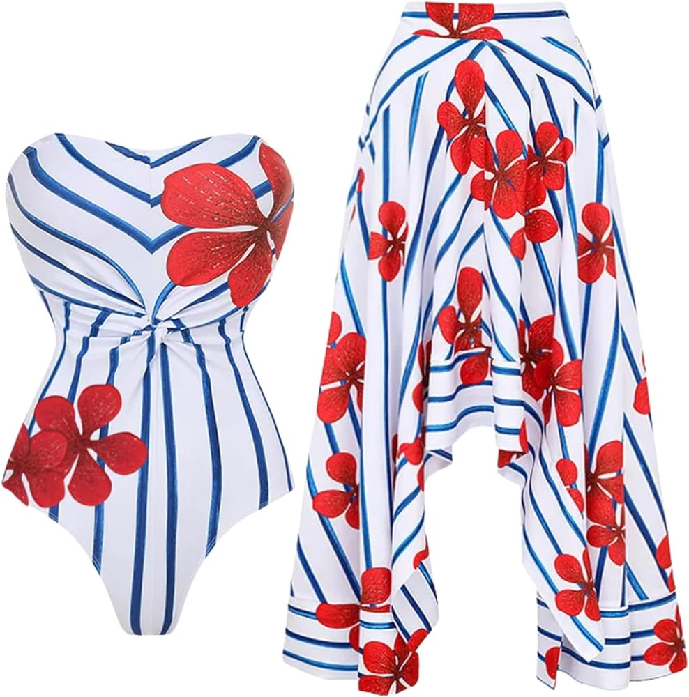 FLAXMAKER Strapless Swimsuit Lace Up Adjustable Animal Botanical Print Swimsuit and Skirt/Sarong | Amazon (US)
