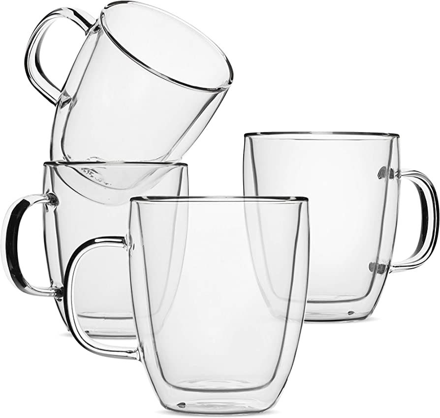 Brew To A Tea - Insulated Coffee Mug, Coffee Glass, Large, Set of 4 (16oz, 500ml), Double Wall Gl... | Amazon (US)