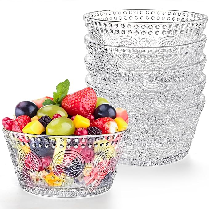 6 Pack Small Glass Bowls Set, 12 Oz Embossed Prep Dessert Bowls for Ice Cream, Stackable Snack Se... | Amazon (US)