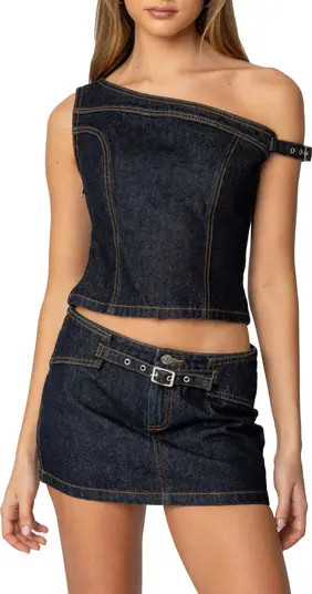 EDIKTED Keira Denim One-Shoulder Top | Nordstrom | Nordstrom