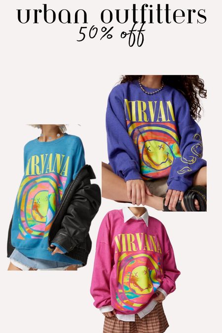 Nirvana sweatshirt from Urban Outfitters on sale 50% off today!! Such fun colors! 

#LTKstyletip #LTKGiftGuide #LTKsalealert