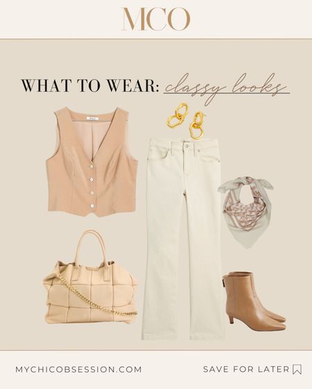 A beige vest paired with cream jeans offers a chic monochromatic look, while a cream and beige silk scarf adds a touch of sophistication. Complete the look with elegant gold earrings, a tan quilted leather bag, and stylish tan leather ankle boots. You'll look effortlessly stylish!

#LTKSpringSale #LTKSeasonal #LTKstyletip