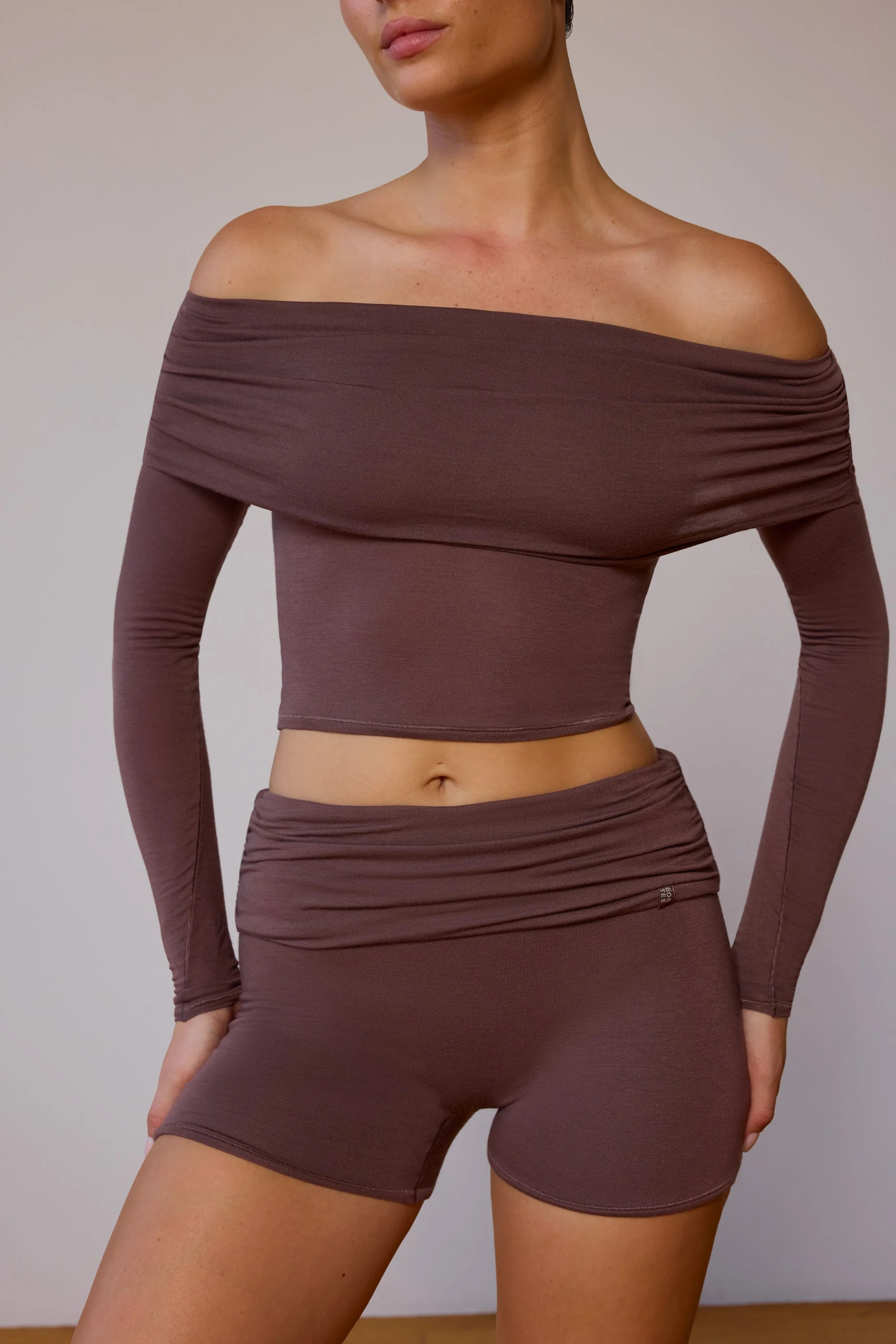 Fold-Over Mini Shorts in Taupe Brown | Oh Polly