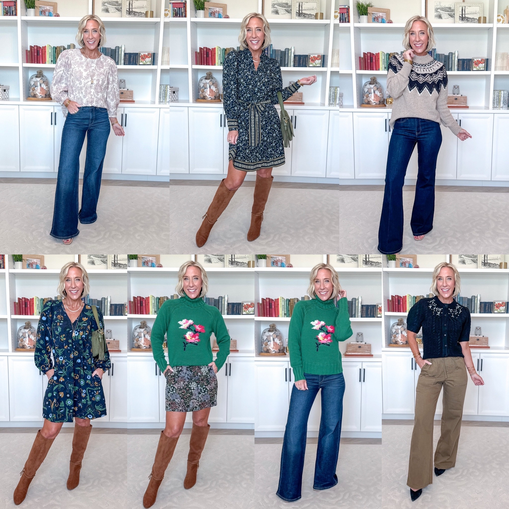 #WalmartPartner Walmart - new arrivals under $30 - @WalmartStyle #walmartstyle
* Blouse w/ 3/4-Length Puff Sleeves - size XS. Now $15. 6 colors.
* Wide Leg Jeans (says cropped but is not) - size 2. Now $21. Multiple colors, different styles.
1. Drop Waist Mini Dress w/ Long Sleeves - size XS. $24.98. 4 colors.
* Olive Saddle Bag - Now $19.47. 2 colors.
* Buckle Tall Boots - TTS. $46.98. Now $35.24. 3 colors.
2. Fair Isle Sweater - size XS. $22.98. 2 colors.
* High Rise Flare Jeans - size 0. Now $20. 2 washes.
3. V-Neck A-Line Mini Dress w/ Long Sleeves - size XS. $24.98. 2 colors.
4. Cropped Turtleneck Sweater - size XS. $30. 2 colors.
* High-Rise Jacquard Mini Skirt - size 0. $28. 2 colors.
5. Embellished Cable Knit Short Sleeve Cardigan - size XS. $30. 2 colors.
* Pull On Wide Leg Jeans - size XS, reg. Now $20.24. 4 colors.
@Walmart