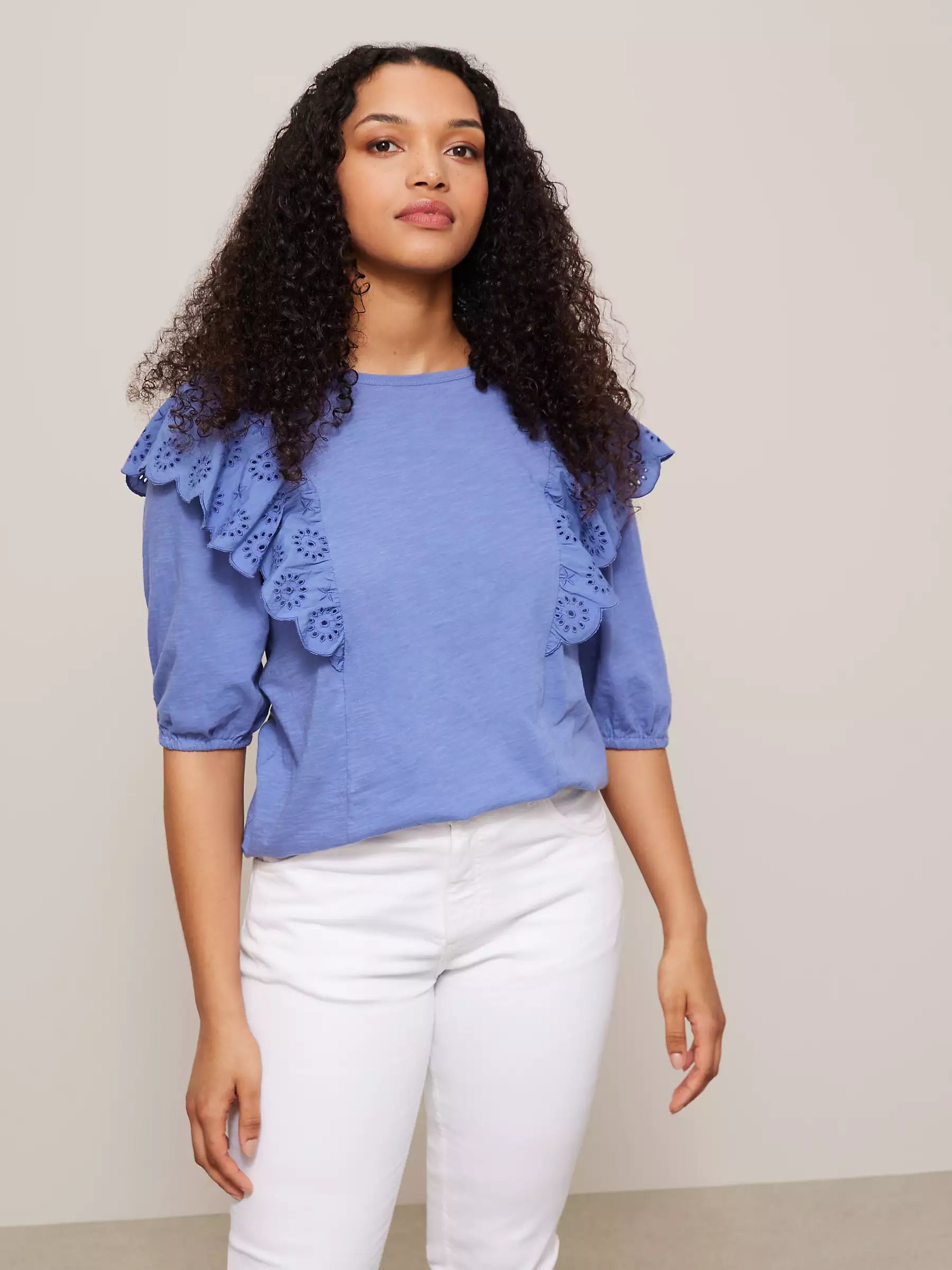 AND/OR Ginny Broderie Top, Mid Blue | John Lewis (UK)