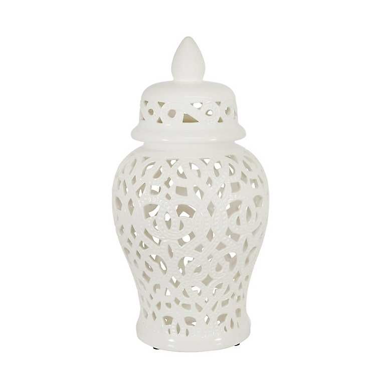 New!White Ceramic Cut-Out Temple Jar with Lid, 18 in. | Kirkland's Home