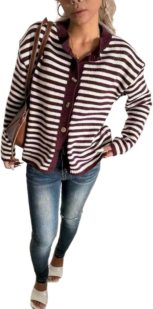GORGLITTER Women's Striped Button Up Fall Cardigan 2025 Dressy Casual Long Sleeve Crewneck Fall F... | Amazon (US)