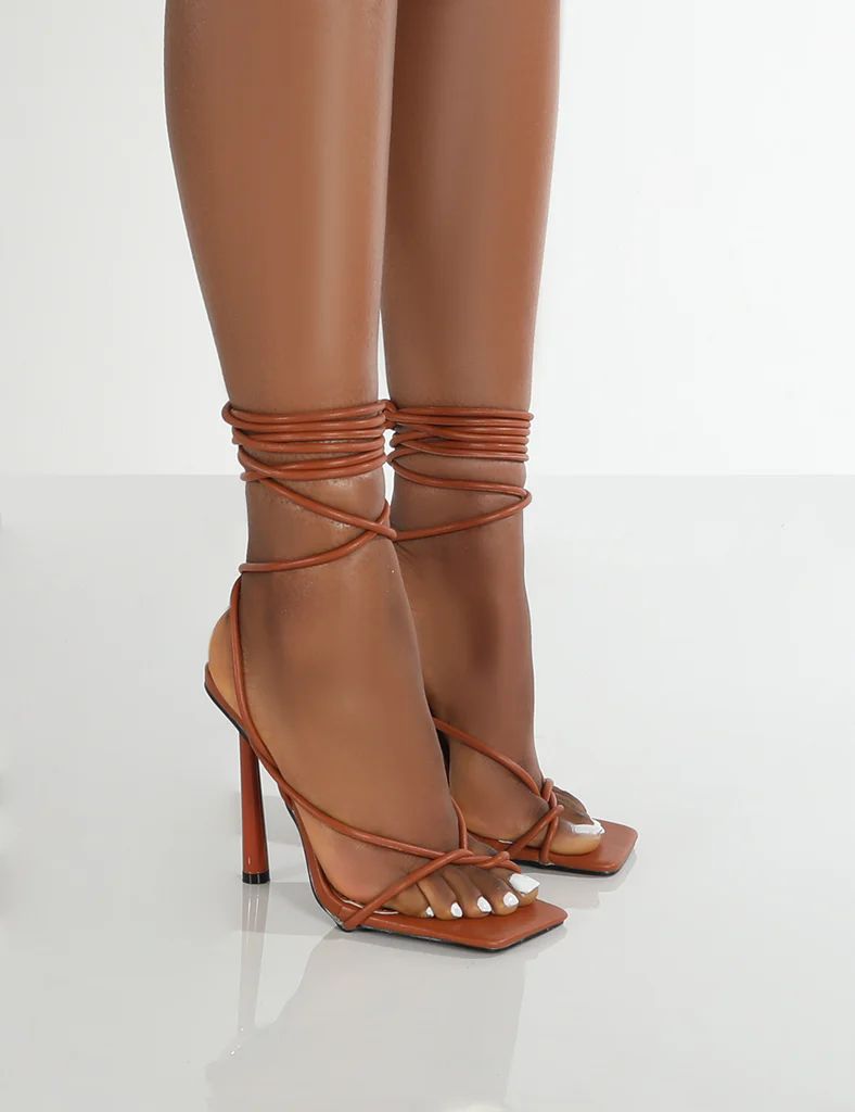 Lacey Tan Square Toe Strappy Lace Up Stiletto Heels | Public Desire