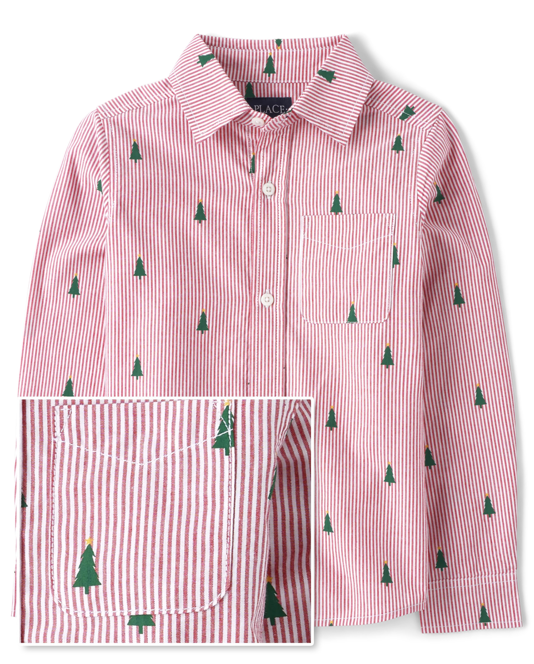Boys Dad And Me Striped Christmas Tree Poplin Button Up Shirt - classicred | The Children's Place