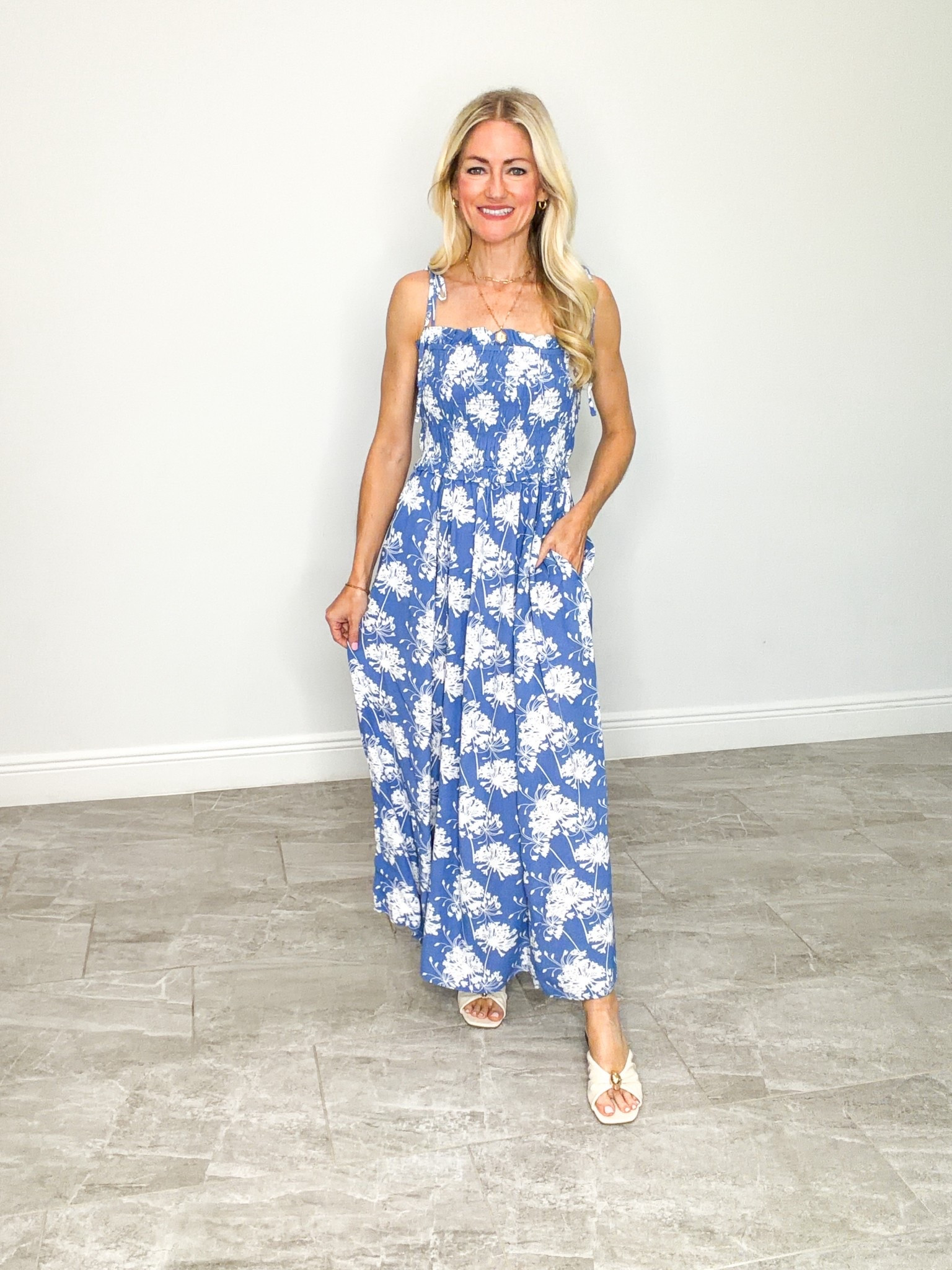 Easy breezy lightweight dress from Walmart! Tie straps are adjustable, smocked top with stretch, has pockets and flowy. 

#LTKgrwm #LTKootd