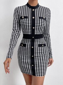 Houndstooth Print Button Front Bodycon Dress SKU: sw2209153885264704(100+ Reviews)$15.49$14.72Joi... | SHEIN