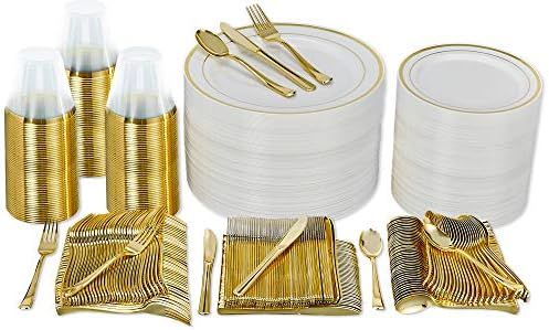 600 Piece Gold Dinnerware Party Set (100 Guest), 100 Dinner Plastic Plates, 100 Salad Gold Plates... | Amazon (US)