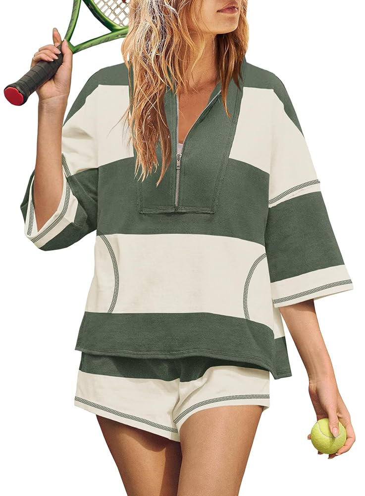 Yanekop Womens 2 Piece Outfits Summer Striped Workout Set Two Piece Matching Lounge Sets Half Sle... | Amazon (US)