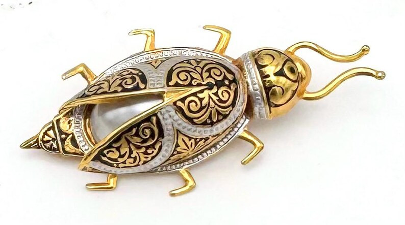 Damascene Beetle  Brooch  white pearl Gold and Black enamel  figurine pin | Etsy (Global)
