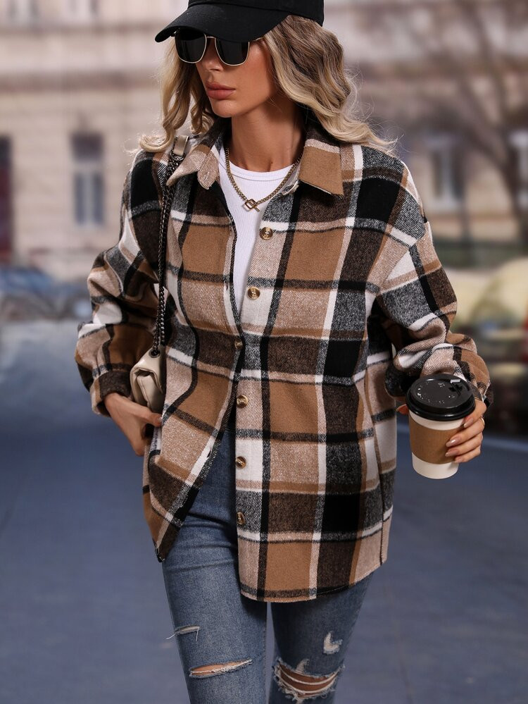 Plaid Print Drop Shoulder Coat | SHEIN