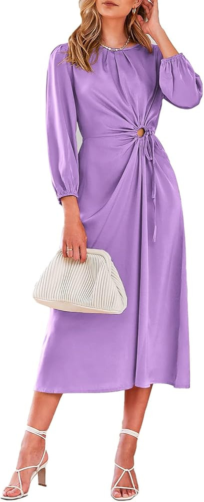 PRETTYGARDEN Women's 2023 Satin Maxi Dress Puff Long Sleeve Crewneck Cutout Casual A-line Long Fl... | Amazon (US)