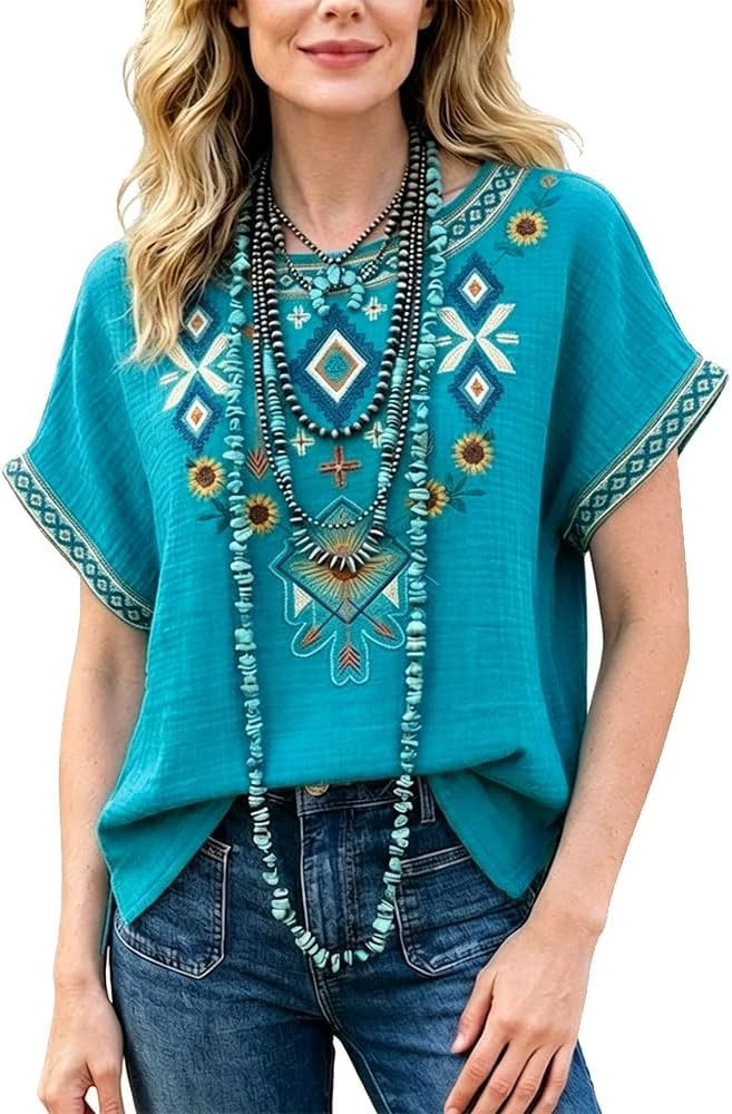 Women's Retro Ethnic Embroidered Top Dolman Sleeve Cotton Casual Boho Blouse | Amazon (US)