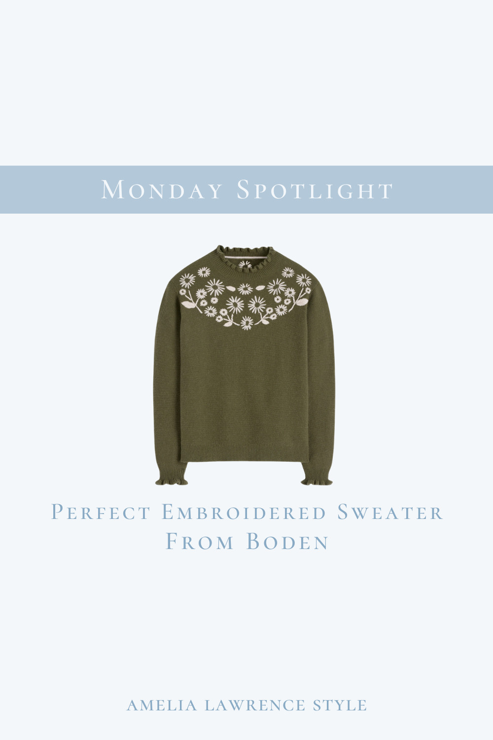 Monday Spotlight. Perfect embroidered sweater from Boden. Christmas sweater, Thanksgiving sweater, Winter sweater, Fall sweater, Boden, green, outfit of the day, outfit idea.  

 #LTKGiftGuide #LTKHoliday #LTKootd