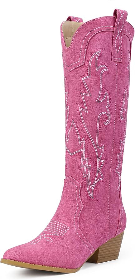 IDIFU IN2 Cowboy Boots For Women Cowgirl Knee High Western Tall Boots Chunky Low Pointed Toe Heel... | Amazon (US)