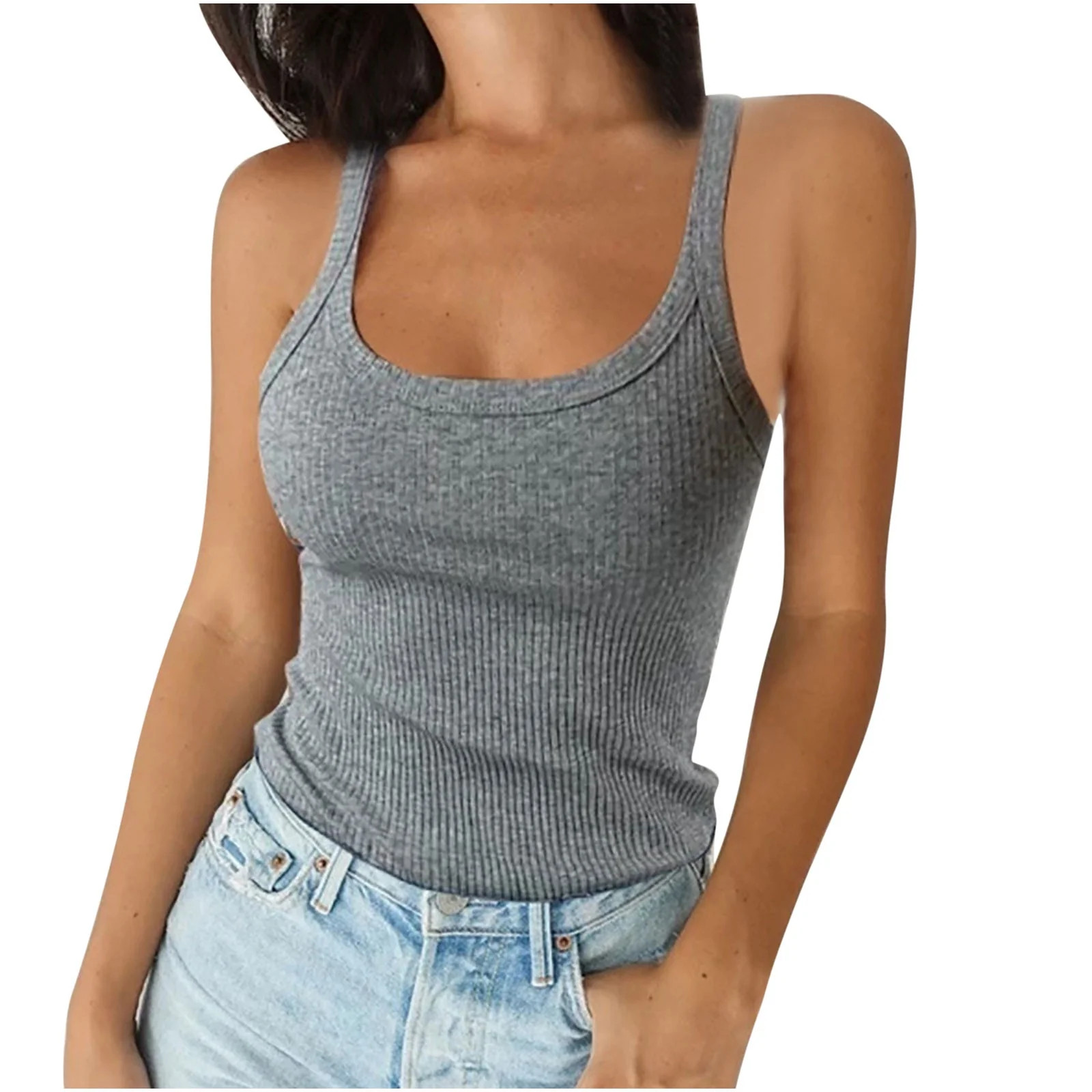 Workout Tank Tops for Women Ribbed Round Neck Low Cut Camis Sleeveless Top Tees Blouse Solid Colo... | Walmart (US)