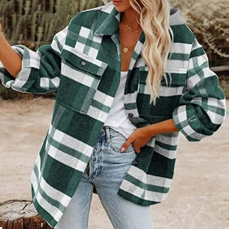 plaid flannel shirts for women Plaid Shackets for Women - Women s Casual Flannel Wool Blend Shacket Jackets Button Front Brushed Shirt Coats womens flannel shirts long sleeve | Walmart (US)