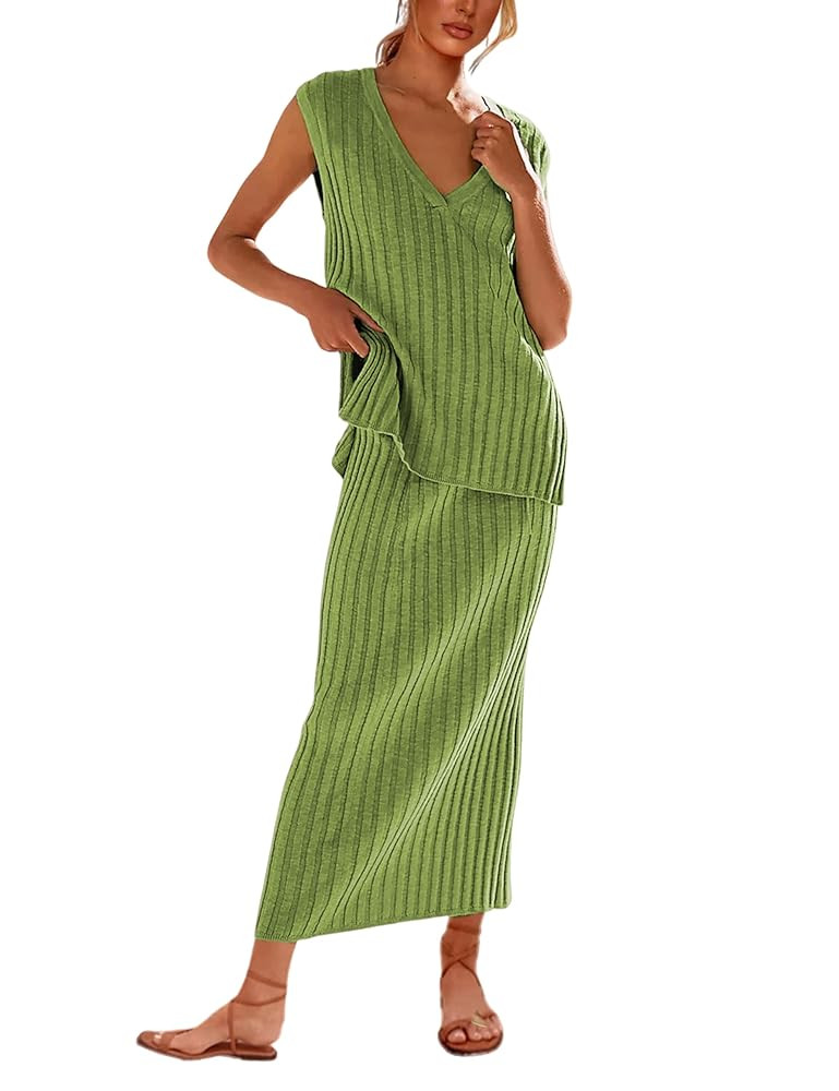 SCUSTY Women's 2 Piece Sweater Skirt Sets Sleeveless V Neck Knit Ribbed Vest Tops Midi Skirt | Amazon (US)