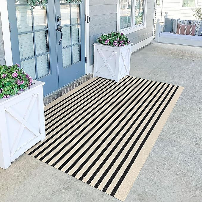 KILOCOCO Beige Striped Rug - 4'X6' Front Door Mat Outdoor, Welcome Mats Rug Outdoor, Cotton Washa... | Amazon (US)