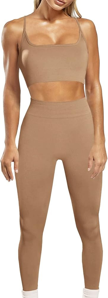 Women 2 Piece Workout Outfits Yoga Sets High Waist Leggings Seamless Sports Bra Running Gym Cloth... | Amazon (US)