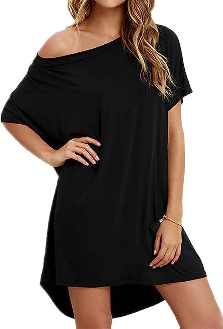 Gmiarmlas Women's Casual Off Shoulder Tunic Shirt Loose Mini Home T Shirt Dress | Amazon (US)