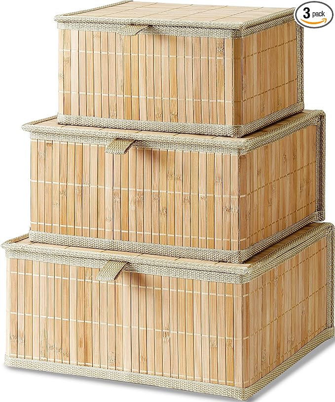 Honygebia Bamboo Decorative Storage Boxes - Set of 3 Woven Lined Storage Basket with Lids, Beige ... | Amazon (US)
