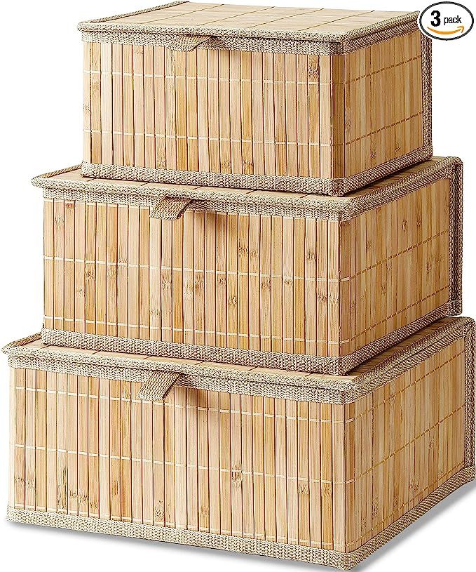 Honygebia Bamboo Decorative Storage Boxes - Rectangle Lined Basket with lids Organizer for Shelf ... | Amazon (US)