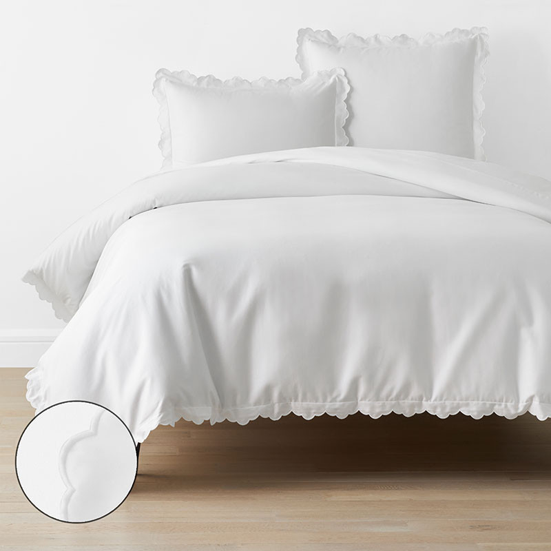 Embroidered Scallop Classic Smooth Sateen Solid Duvet Cover - White, Size Full | The Company Store | The Company Store