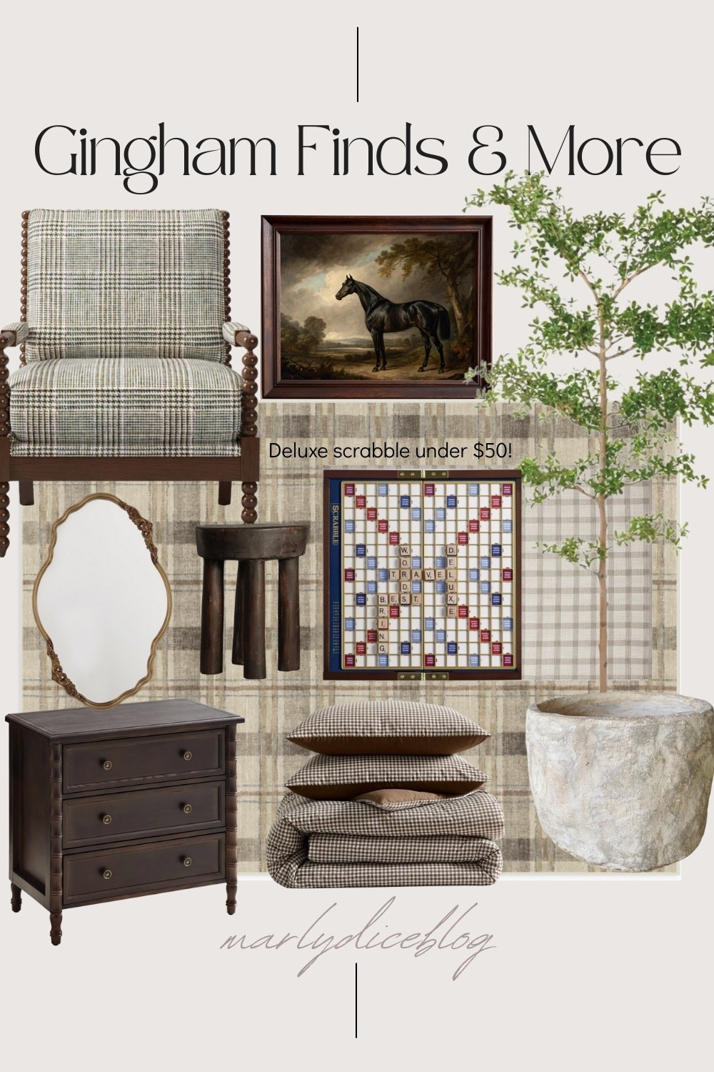 Gingham chair, gorgeous limestone planter, luxe scrabble under $50!! 