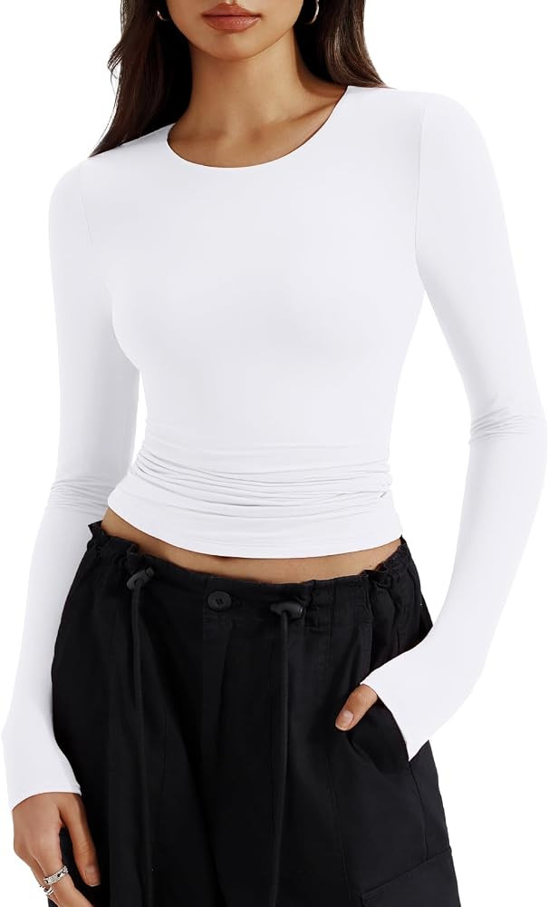 REORIA Long Sleeve Shirts for Women 2024 Fall Fashion Round Neck Basics Y2K Tops Layering Slim Fi... | Amazon (US)