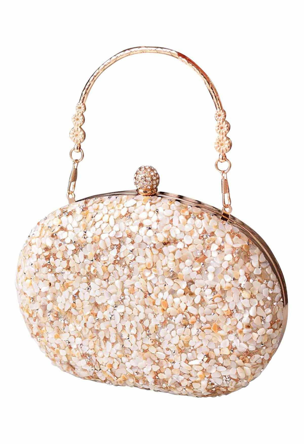 Full Beaded Rhinestone Oval Clutch in Cream | Chicwish
