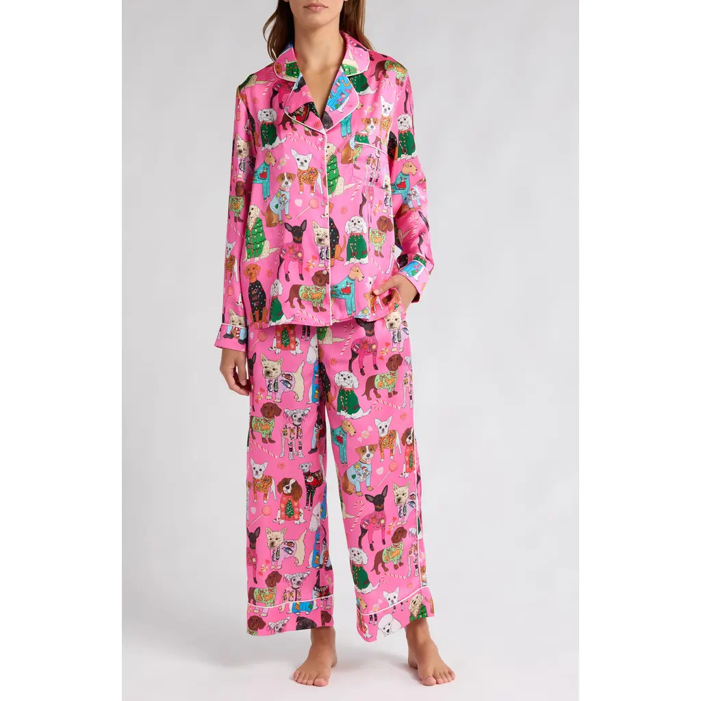 Karen Mabon Christmas Dogs Satin Pajamas in Dark Pink at Nordstrom, Size X-Small | Nordstrom