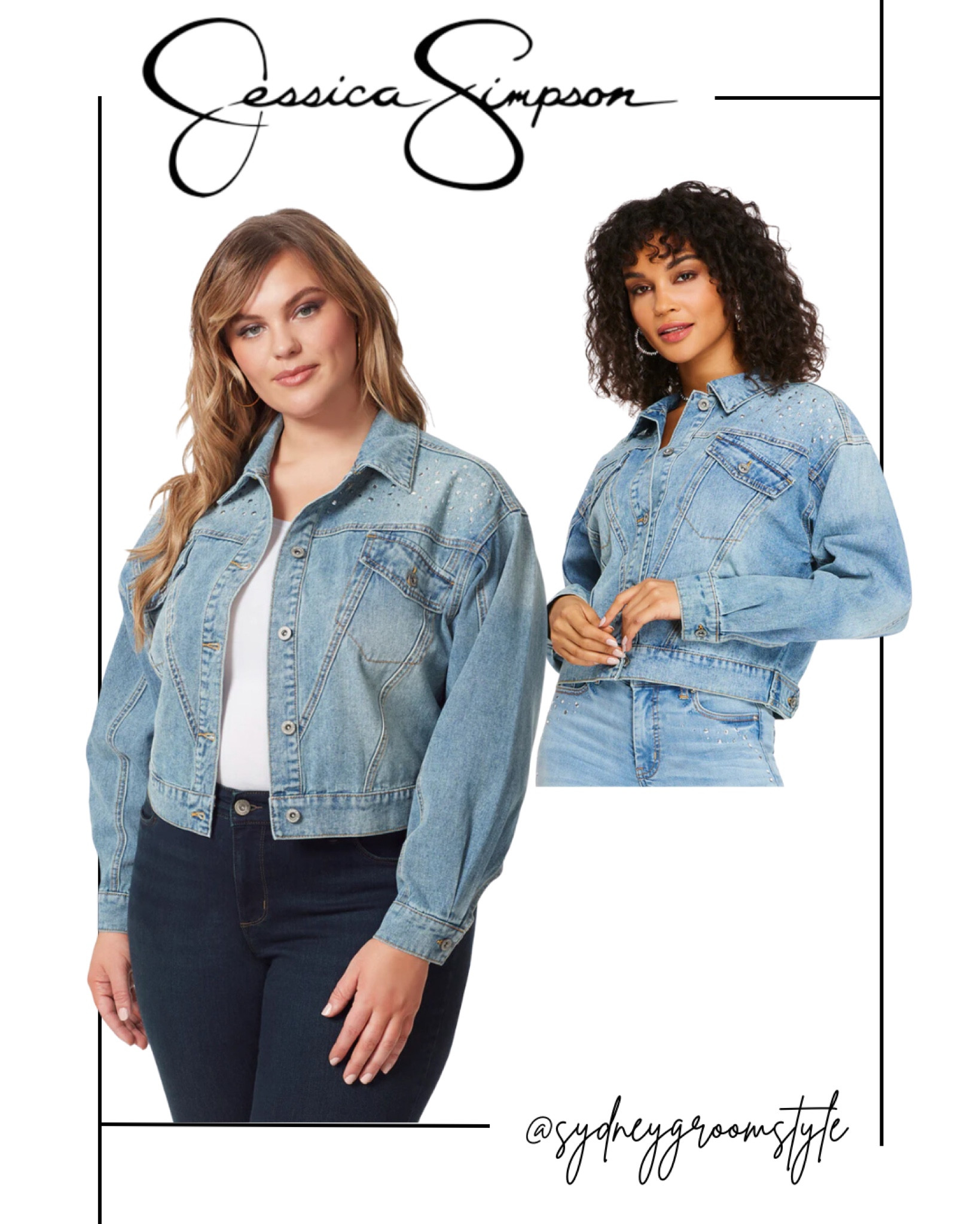 Jessica Simpson sale denim jacket, long sleeve rhinestone Nashville button-down collar light denim light wash fall transition piece

#LTKsalealert #LTKfindsunder100 #LTKplussize