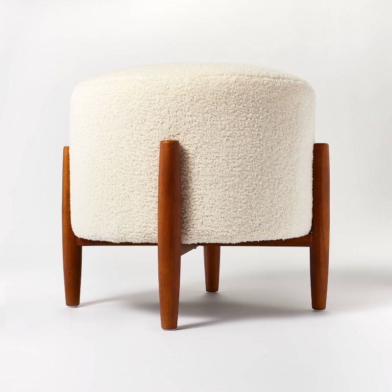 Elroy Faux Shearling Round Ottoman with Wood Legs Cream - Threshold™ designed with Studio McGee | Target