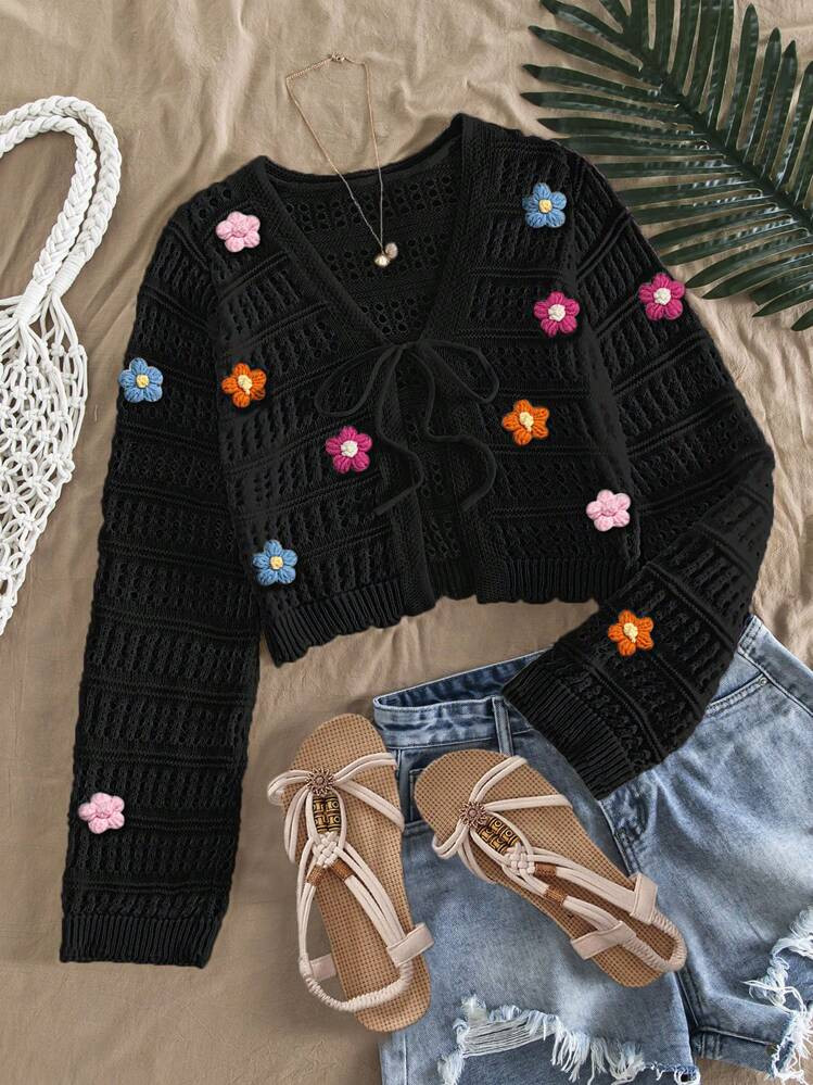 Travachic Women's Casual Lightweight Cardigan Sweater, Suitable For Summer Travel, Floral Decor,Knitted Sweater | SHEIN