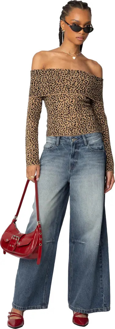 Leopard Print Fold Over Off the Shoulder Knit Top | Nordstrom