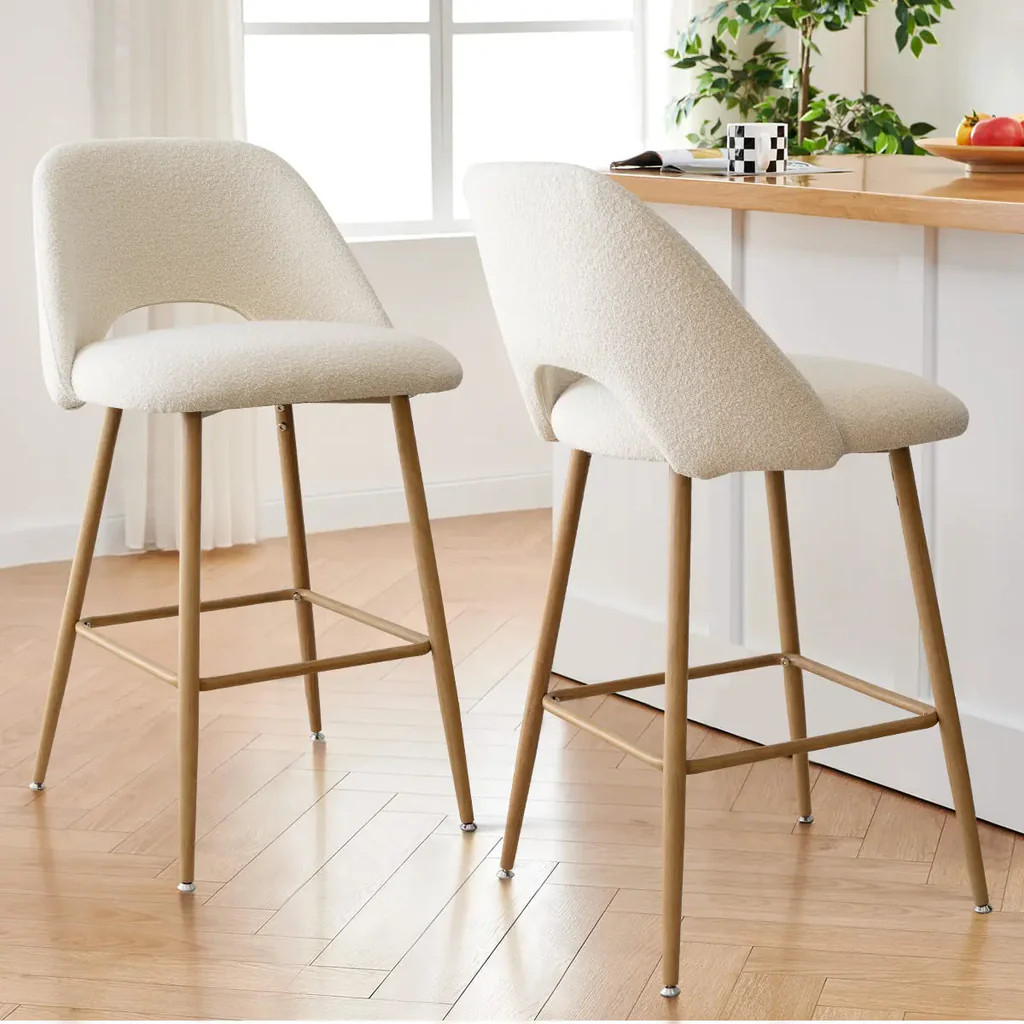 Edwin 26" Modern Boucle Upholstered Counter Stool with Oak Legs (Set of 2) | Pop Maison