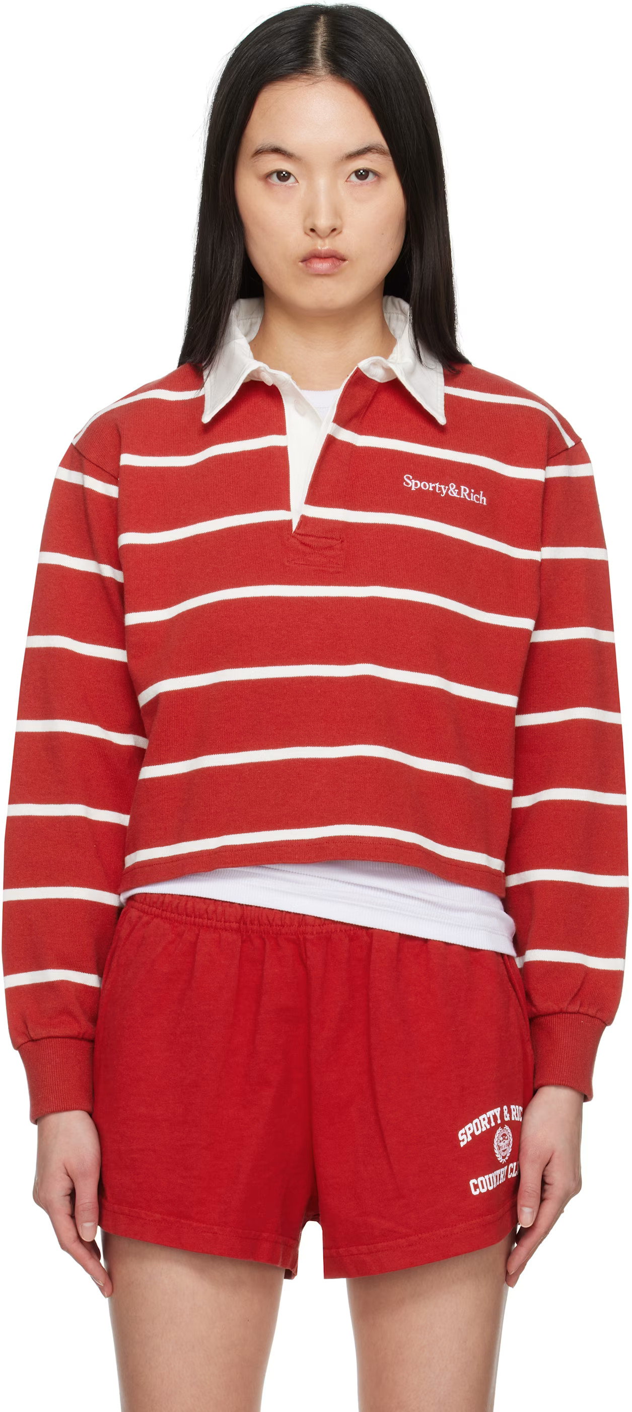 Sporty & Rich - Red & White Serif Logo Rugby Polo | SSENSE
