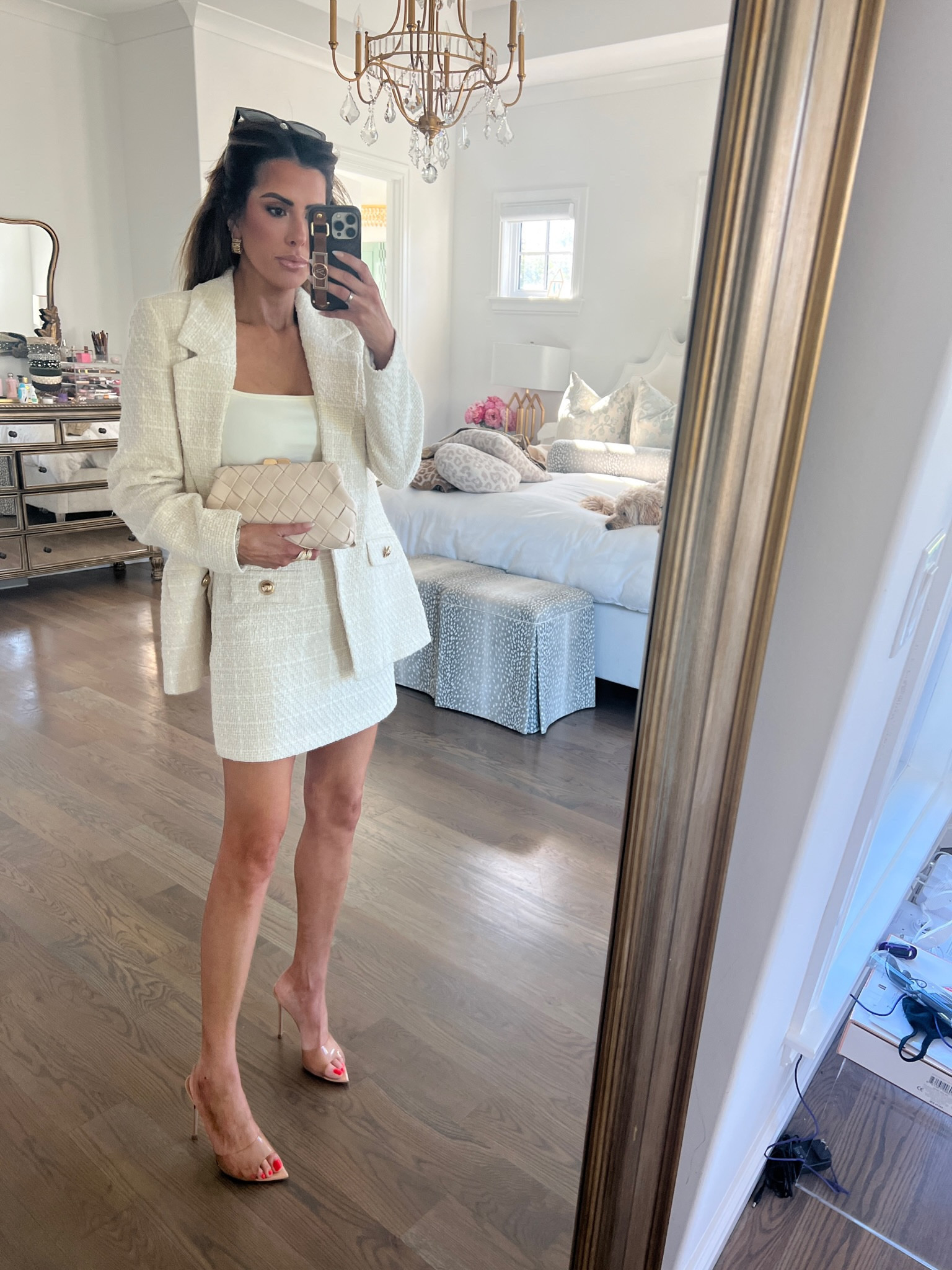 Wearing a size 4 in blazer and in skirt. 

Nordstrom, matching set, River island, Gianvito Rossi, clear heels, Gucci sunglasses, olga berg, Emily Ann Gemma 

#LTKstyletip