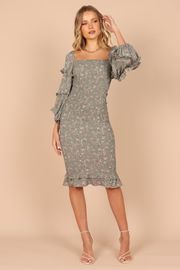 Bonita Shirred Frill Long Sleeve Bodycon Midi Dress - Sage Floral | Petal & Pup (US)