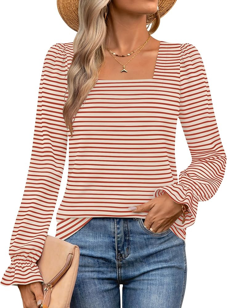 ZESICA Women's Long Sleeve Square Neck Shirts 2024 Fall Causal Trendy Striped Tops | Amazon (US)