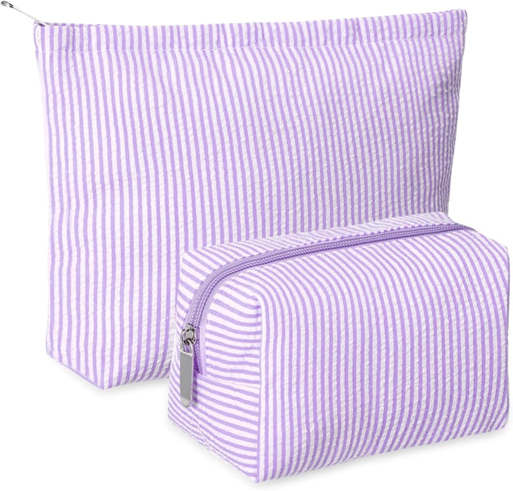 2 Pcs Makeup Bag Set Cute Cosmetic Pouch for Women Seersucker Travel Toiletry Bag Preppy Small Ma... | Amazon (US)