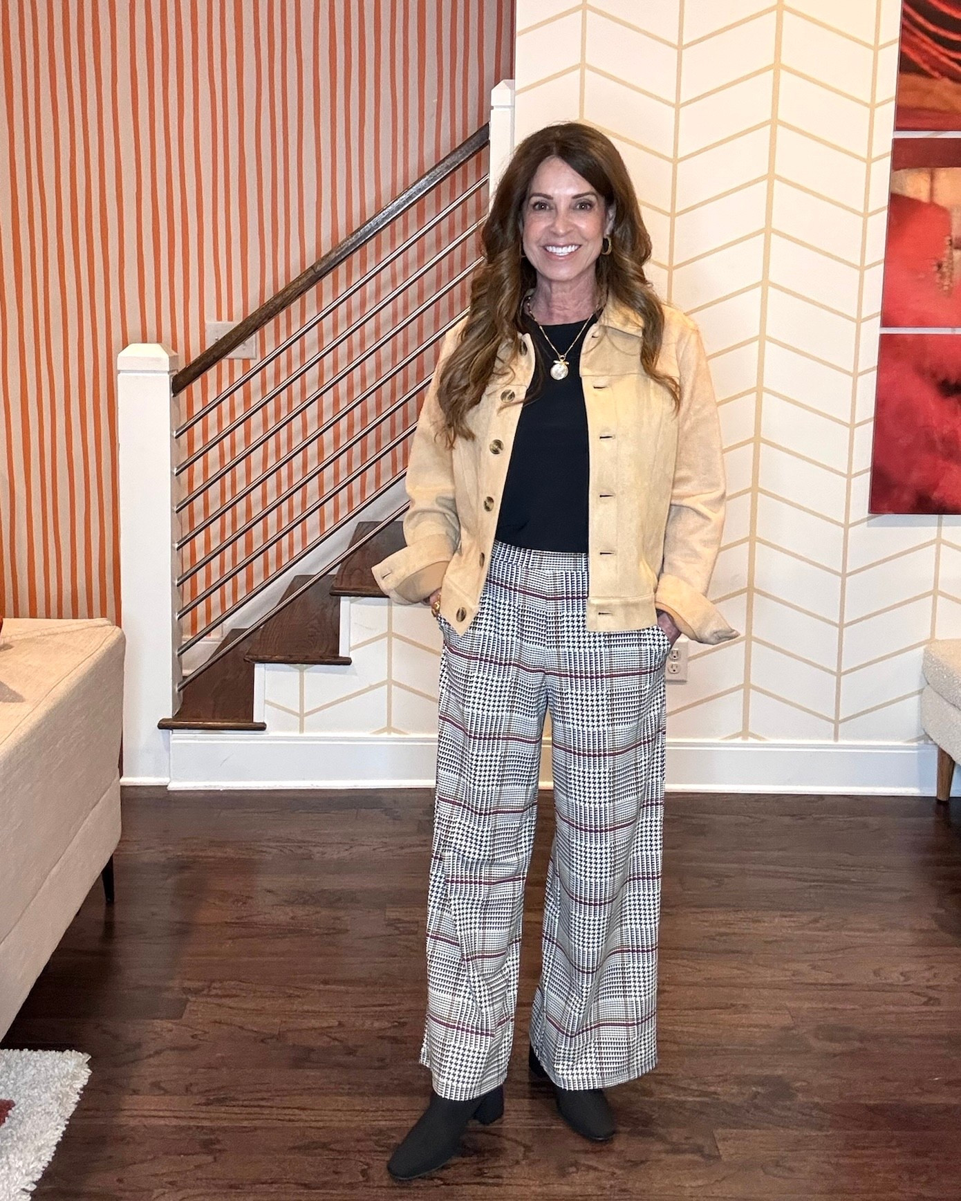 Comfy and effortlessly chic outfit for a dinner out with the girls. Plaid pull-on style pants, a black tee and faux suede jacket. Everything is wrinkle resistant and versatile to wear from day to night, even for travel. Paired with some gold jewelry and black booties.

Wearing size small tee, size xs pants (I had them hemmed) and size small jacket.

#LTKTravel #LTKOver40 #LTKPetite